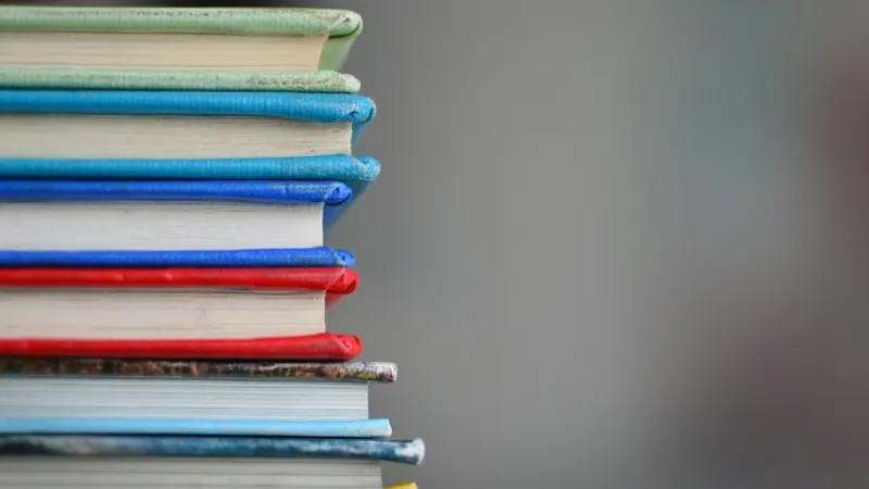 Ein Stapel Bücher mit unterschiedlich farbigen Einbänden.